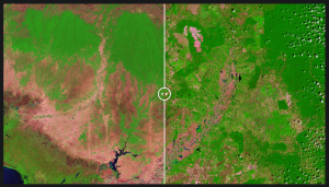 איבוד שטחי יער בקמבודיה: ימין - 20.2.1999, שמאל - 5.2.2017. מקור: אתר נאס"א