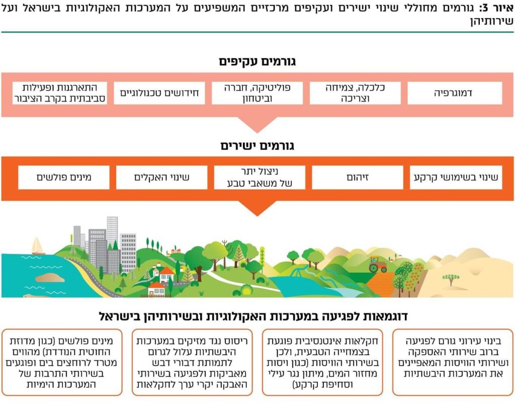 גורמים מחוללי שינוי ישירים ועקיפים המשפיעים על המערכות האקולוגיות בישראל ועל שירותיהן. איור: המארג