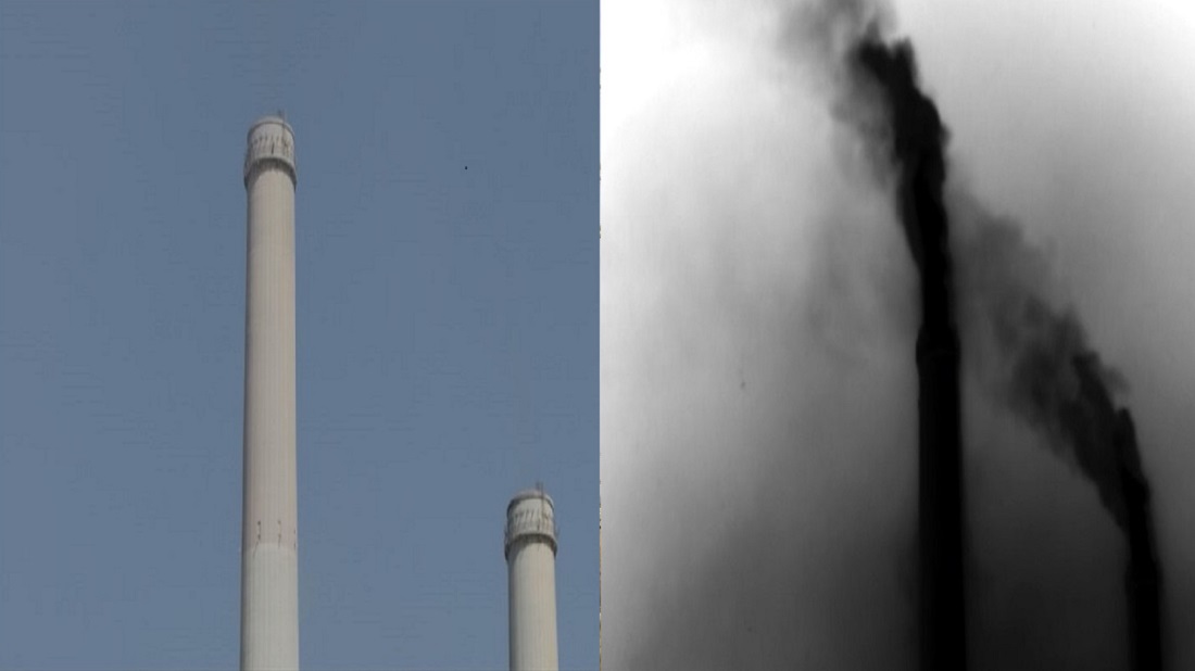 ארובות תחנת הכוח כפי שהן נראות במצלמה רגילה (שמאל) ובמצלמה תרמית (ימין). שימו לב גם להבדל ברקע השמיים. בתמונה הימנית נראה שהאוויר מסביב לארובות רווי בפחמן דו-חמצני