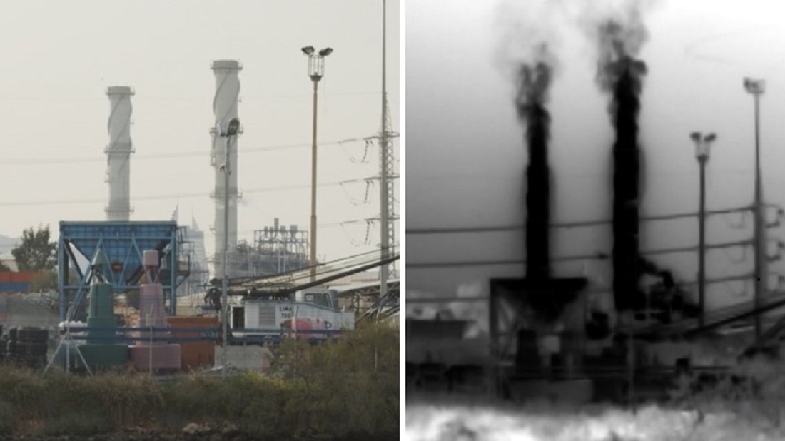 משמאל: ארובות תחנת הכוח, שלכאורה אינן פולטות זיהום, כפי שצולמו במצלמה רגילה. מימין: צילום במצלמה תרמית חושף את הכמויות הגבוהות והמטרידות של פחמן דו-חמצני שנפלט מהארובות ומזהם את הסביבה כולה