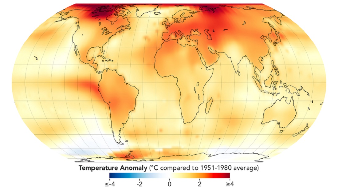 הטמפרטורה באזורים שונים בעולם בהשוואה לממוצע הטמפרטורות בשנים 1980-1951, אתר נאסא