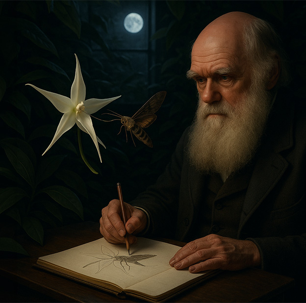 דרווין, הסחלב והרפרף. תמונה מתוך וידאו בתערוכה "האבקה: הסיפור המלא". קרדיט: סטודיו אנטונינה.