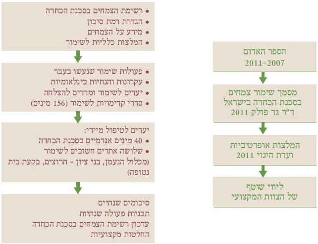 תהליך גיבוש התוכנית האסטרטגית לשמירה על צמחים בסכנת הכחדה בישראל. מתוך: שמירה על צמחים בסכנת הכחדה: סיכום עשור 2021-2011. הוצאת רשות הטבע והגנים